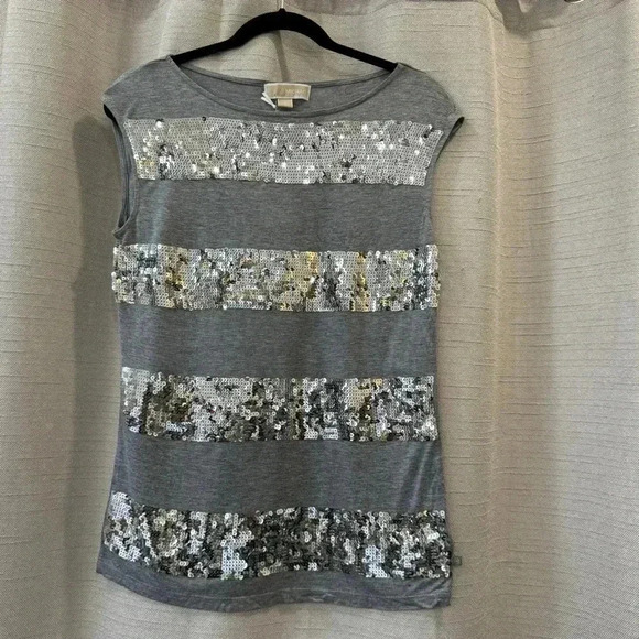 Michael Kors Striped Sequin Sleeveless Boatneck Top Gray Size Small - Picture 1 of 7